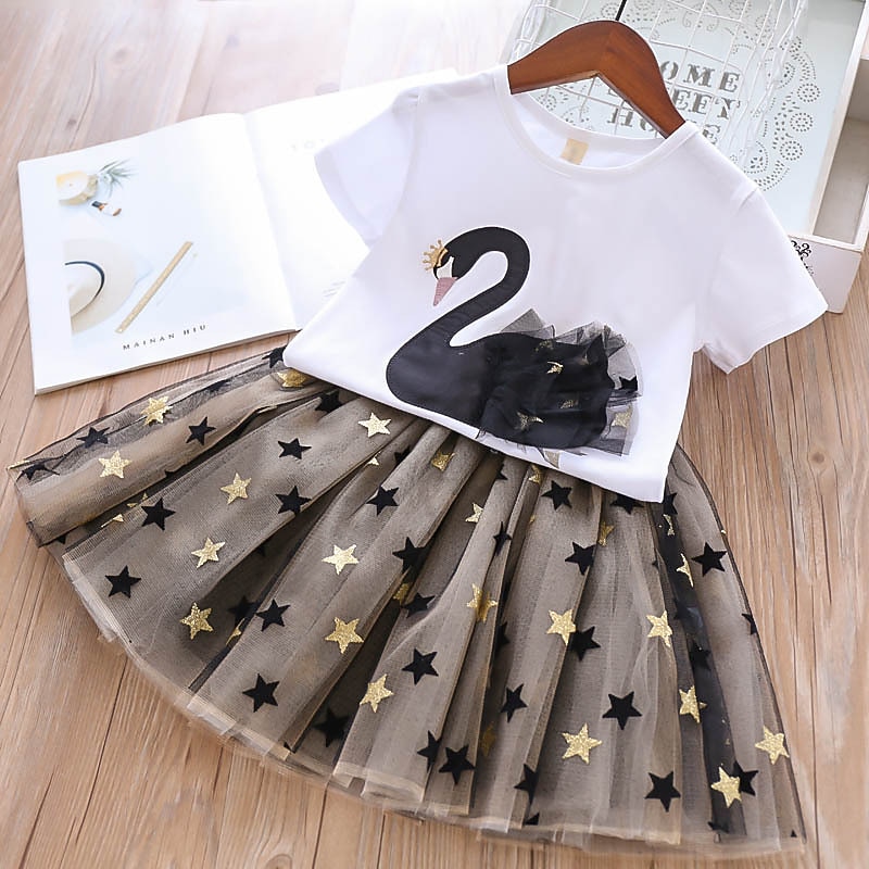 2 Pieces Toddler Girls' Cartoon Skirt & Shirt Set Short Sleeve Active School Cotton 3-7 Years Summer Black White2