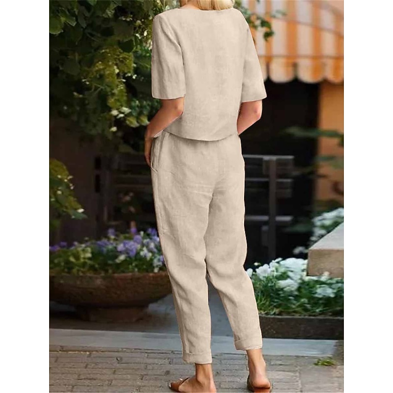 Women's Loungewear Two Piece Sets Fashion Simple Casual Pure Color Pocket Cotton Linen Sets T Shirt Pant Street Date Airport Half Sleeve Crew Neck Army Green Orange Khaki Dark Blue Summer Spring3