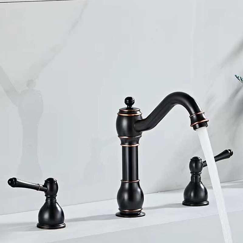 Widespread Bathroom Sink Mixer Faucet, 360° Swivel Brass 3 Hole 2 Handle Basin Tap Deck Mounted, Washroom Basin Vessel Water Tap with Hot and Cold Hose3