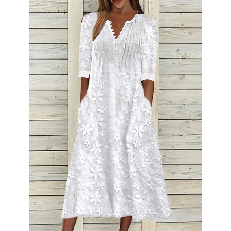 Women's Cotton Dress Sundress White Floral Midi Dress V-Neck Elegant Empire Waist Short Sleeve Ruched Pocket Summer Spring 2024 White Blue Green