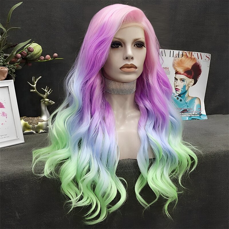 Rainbow Synthetic Wigs Colorful Natural Wave Synthetic Wig for Drag Queen Mermaid Cosplay Party 26 inches Halloween Wigs4