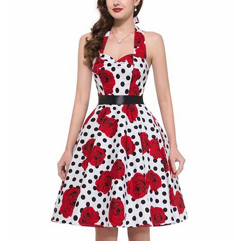 Retro Vintage 1950s Grease Outfits Rockabilly Petticoat Hoop Skirt A-Line Dress Tutu Floral Polka Dot Fancy Dress Women's Party / Evening Masquerade Adults' Dress Earrings Necklace Spring & Summer3