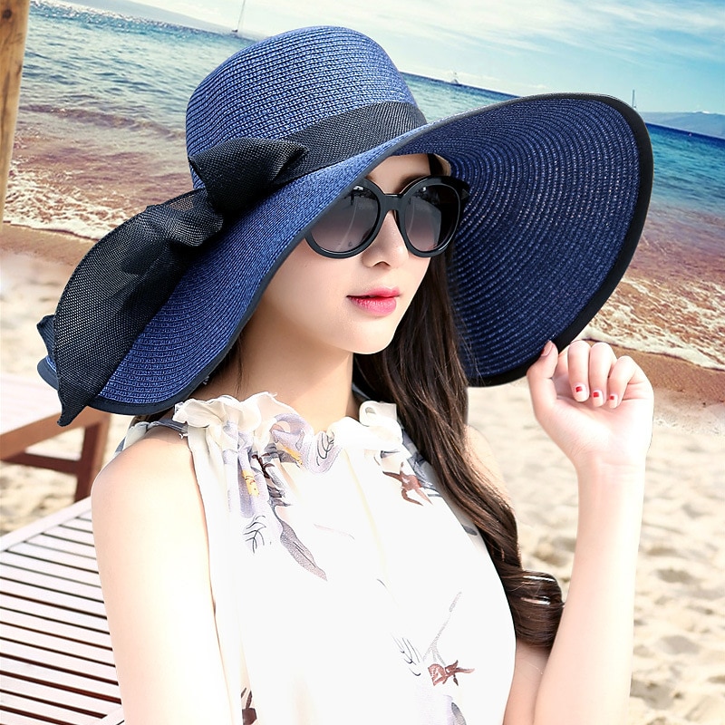 1 pcs Womens 5.5 Inches Big Bowknot Straw Hat Large Floppy Foldable Roll up Beach Cap Sun Hat UPF 504