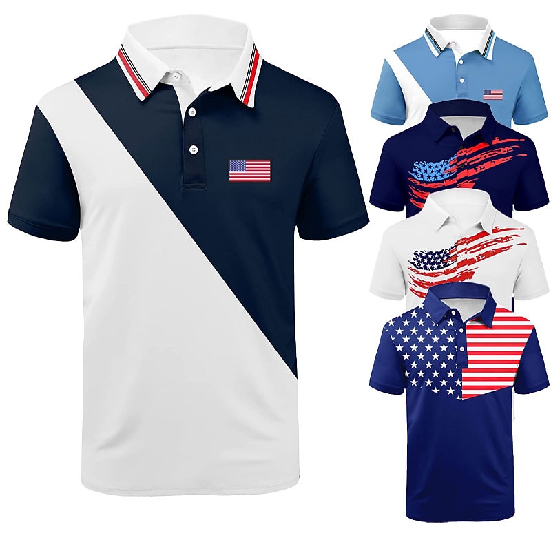 Men's American Flag Veterans Polo Shirts Golf Shirt Short Sleeve Polo Shirts Collared Shirts Casual Streetwear Vacation Wear Party Outfits Buttons 3D Print White Navy Blue Blue