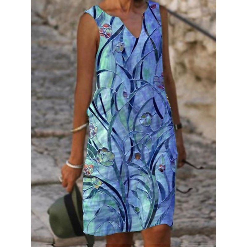 Women's Midi Dress Tank Dress Summer Dress Print Dress Fashion Streetwear Basic Outdoor Vacation Street Loose Fit Floral Leaf Short Sleeve V Neck Yellow Blue Green Light Blue Summer Spring3