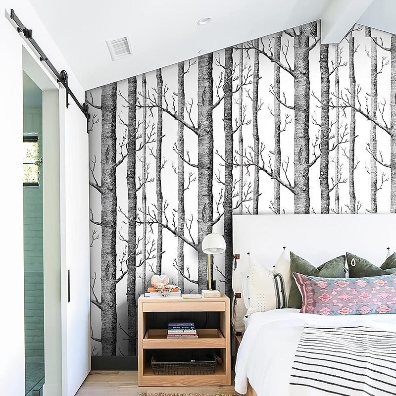 Cool Wallpapers 1pc Birch Tree Wallpaper Black and White Peel and Stick Wall Mural Wall Sticker Self-Adhesive PVC For Home Decor Cabinet Table Chair Room Backdrop Renovation 45cmx600cm/17.7"x236.2"4