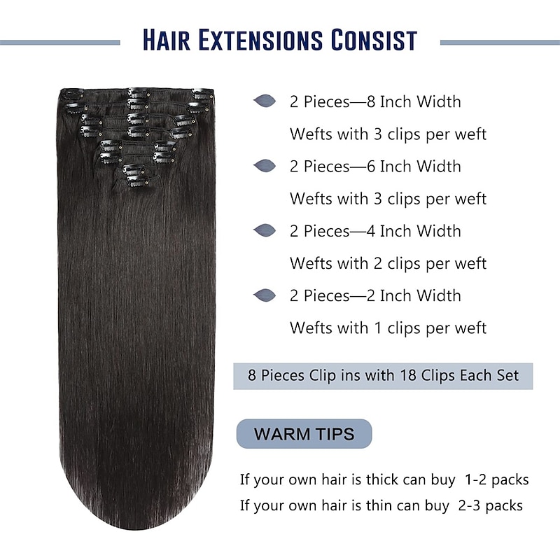 Clip in Hair Extensions Real Human Hair Natural Black Human Hair Extensions Clip ins 20 Inch Double Weft Straight 1b Clip in Human Hair Extensions #1B Color 8Pcs 120g3