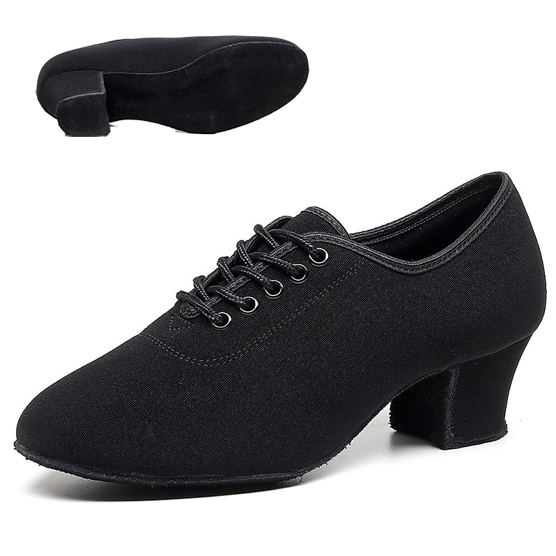 Women's Black Oxford Ballroom Dance Shoes – Canvas Lace-Up Latin Practice Shoes with Suede Sole for Professional Performance & Training