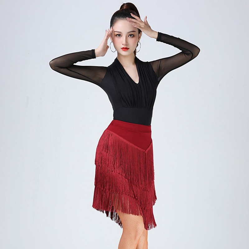 Latin Dance Skirts Tassel Ruching Pure Color Women's Performance Training Long Sleeve High Polyester4