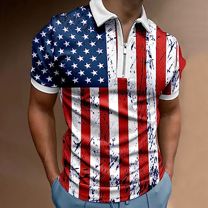 Men's American Flag Veterans Zip Polo Shirts Golf Shirt Short Sleeve Polo Shirts Collared Shirts Casual Streetwear Vacation Wear Party Outfits 3D Print Quarter Zip Polo Black White Black / Purple3