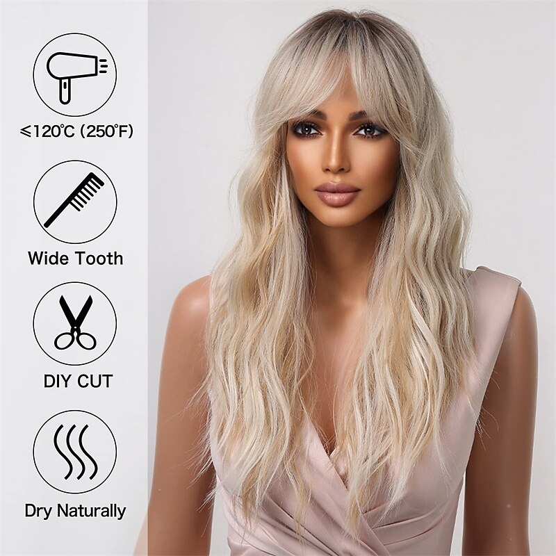 Allbell Blonde Platinum Wig for Women Long Curly Synthetic Hair with Bangs Wave Wigs with Dark Roots barbiecore Wigs4