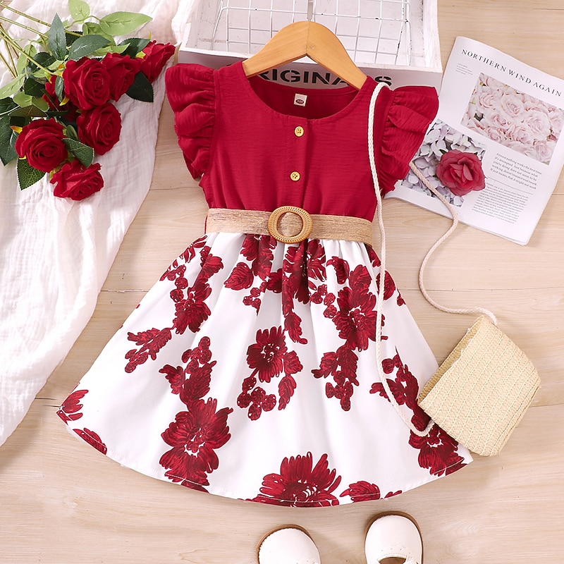 Kids Girls' Dress Floral Short Sleeve Casual Fashion Daily Cotton Above Knee Casual Dress A Line Dress Summer Spring 1-6 Years Red