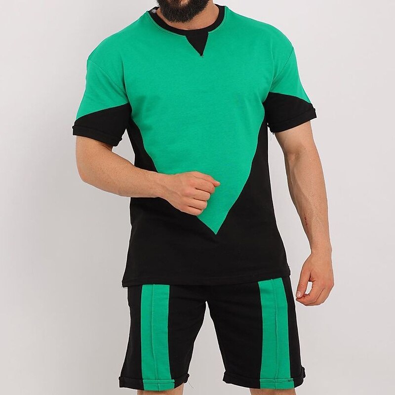 Men's Shorts and T Shirt Set Short Sleeves Crew Neck Summer Color Block Stylish Modern Contemporary Comfortable 2 Piece Vacation Casual Daily Black White Red Top Tee for Men4