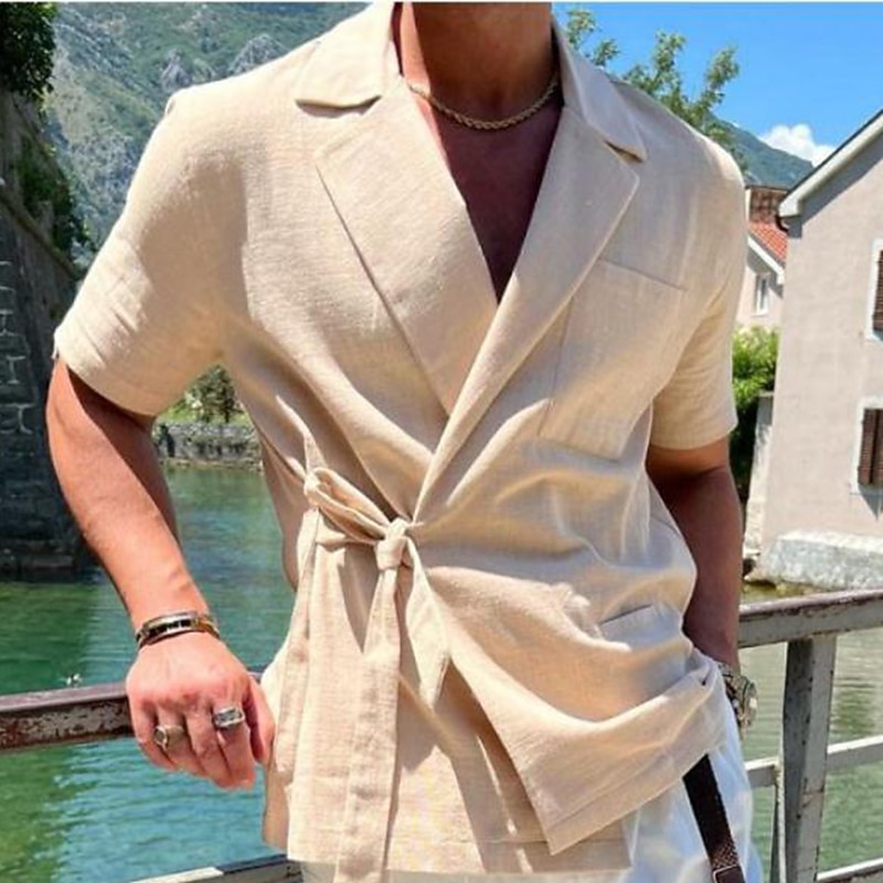 Men's Cotton Linen Shirt White Cotton Shirt Summer Shirt Beach Shirt Plain Vacation Hawaiian Black White Khaki Short Sleeve Lapel Spring & Summer Clothing Apparel Pocket3