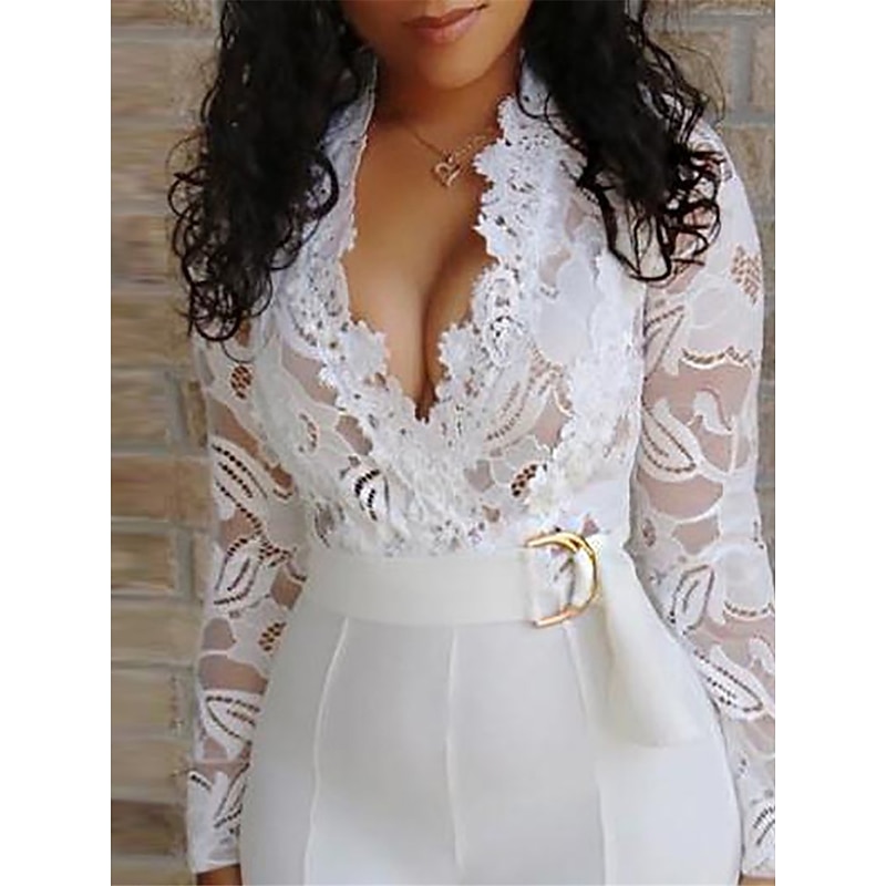 Women's Normal Jumpsuit Elegant Solid Color Long Sleeve V Neck Lace High Waist Wedding Party Regular Fit White Summer3