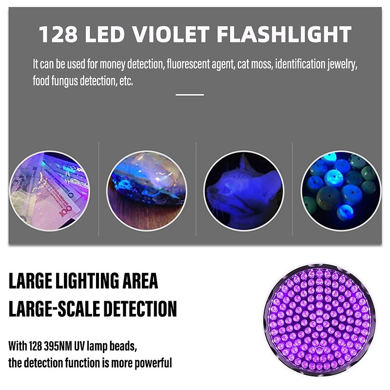 UV Flashlight Ultra Violet Torch Blacklight with 128 LEDs 395nm Detector for Dog Urine Pet Stains and Bed Bug3