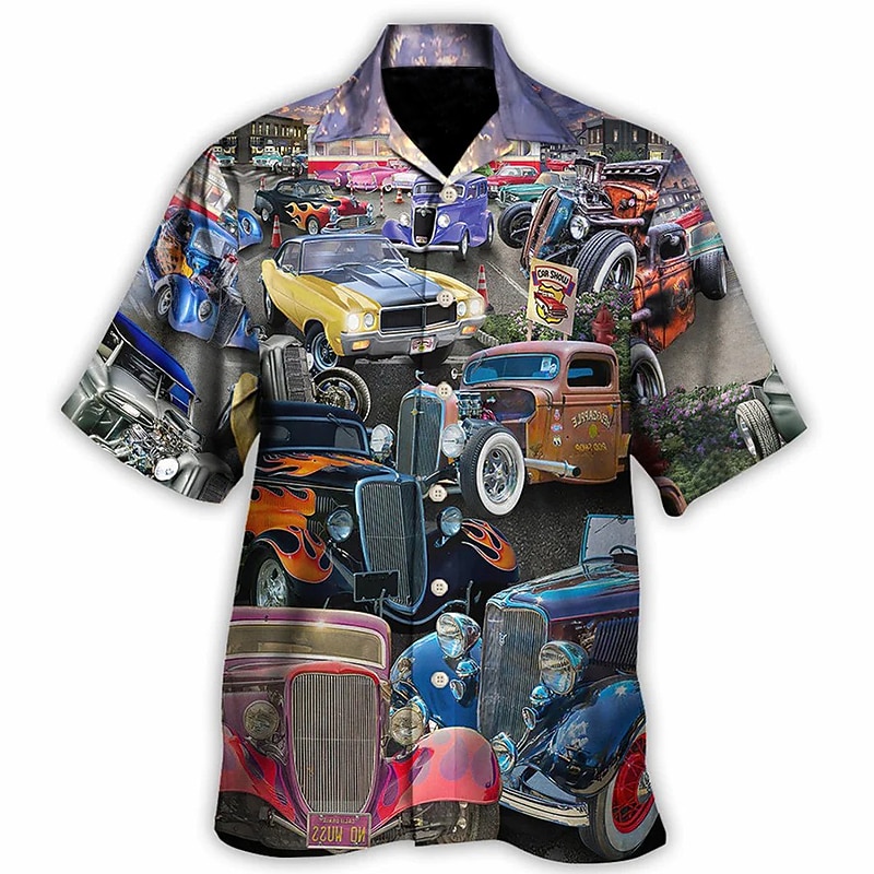 Men's Car Shirt Summer Hawaiian Shirt Aloha Shirt Short Sleeve Shirt Turndown Tropical Fashion Hawaiian Casual Hawaiian Holiday Yellow Red Blue S M L3