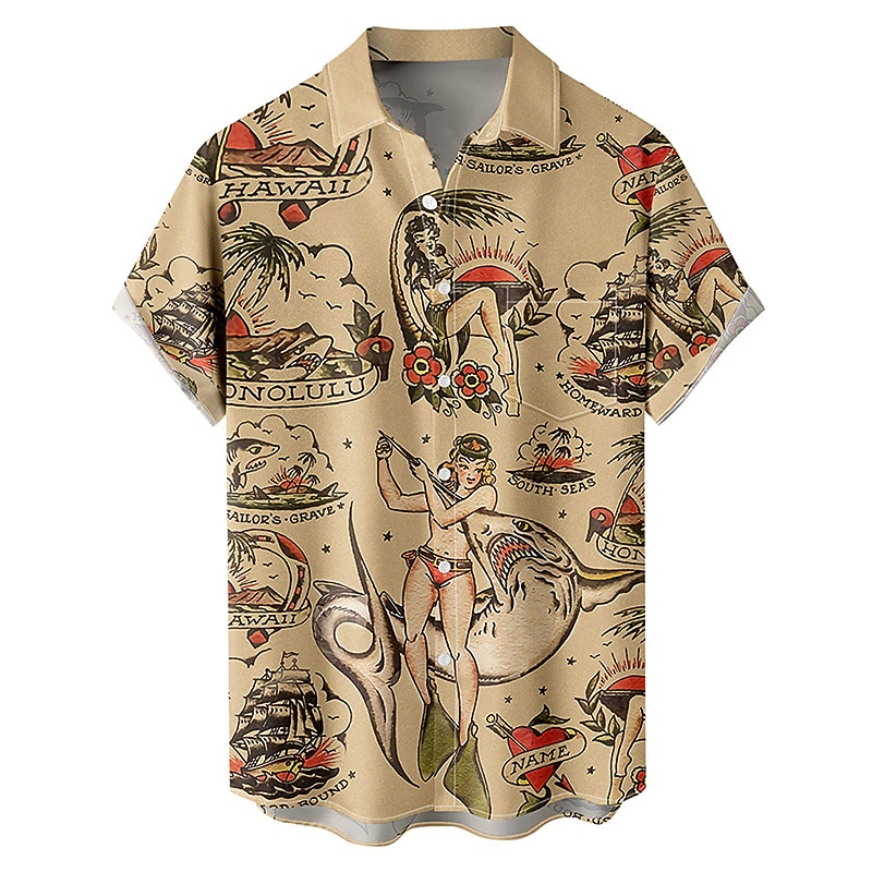 Men's Palm Leaf Pin Up Girl Shirt Summer Hawaiian Shirt Aloha Shirt Short Sleeve Shirt Turndown Vintage Fashion Designer Vacation Casual Daily Yellow Blue Brown Print S M L3