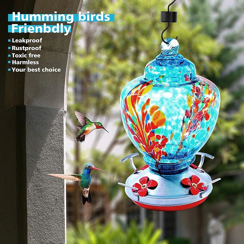 Hummingbird Feeder,Glass Bird Feeder with Color Hand Blown Glass,Leakproof Nectar Capacity Hummingbird Feeders, Garden Bird Feeders with Ant Moat Hook Easy to Clean & Filling - Main Image