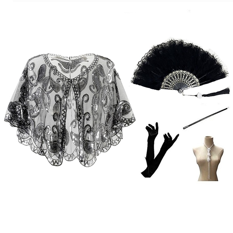 Women's 5 Pcs Accessories Set 1920s The Great Gatsby Sequin Shawls Cloak Feather Fans Gloves Pearl Accessories Cigarette Stick4