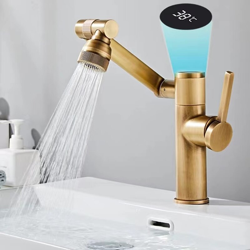 Foldable Bathroom Sink Mixer Faucet LED Displayer, Vintage 360 Swivel Spout Rotatable Wash Basin Tap, Brass Retro Single Handle One Hole with Cold and Hot Water Hose3