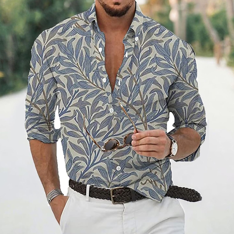 Men's Leaves Shirt Long Sleeve Sports Fashion Designer Daily Holiday Summer Spring Turndown Print White Yellow Pink Blue Sky Blue4