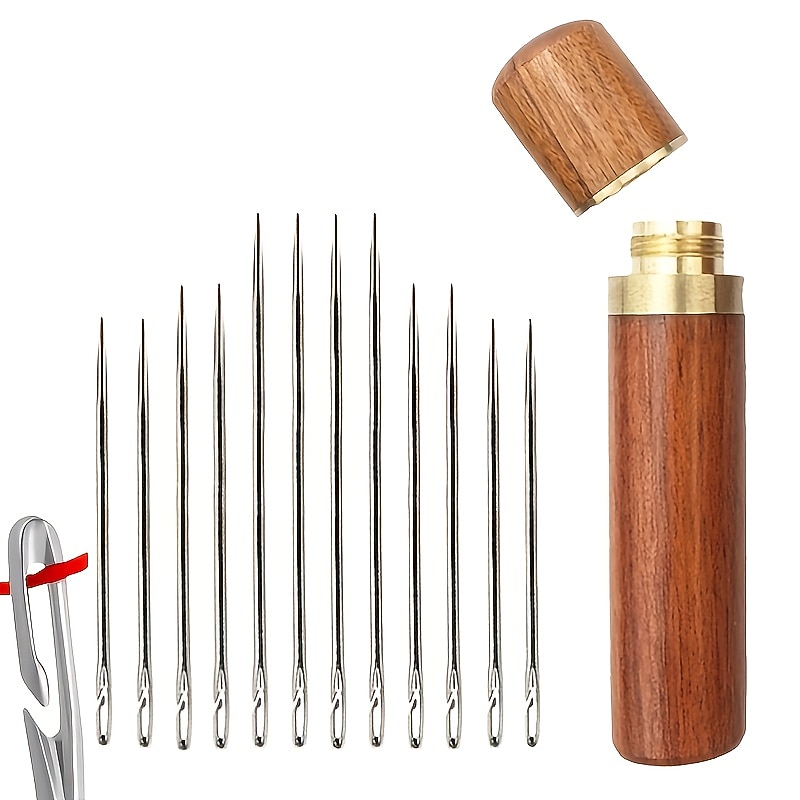 12Pcs Cross Stitch Needle with Wood Needle Case  Leather Needles for Hand Sewing  Long Needles Embroidery Needle Storage