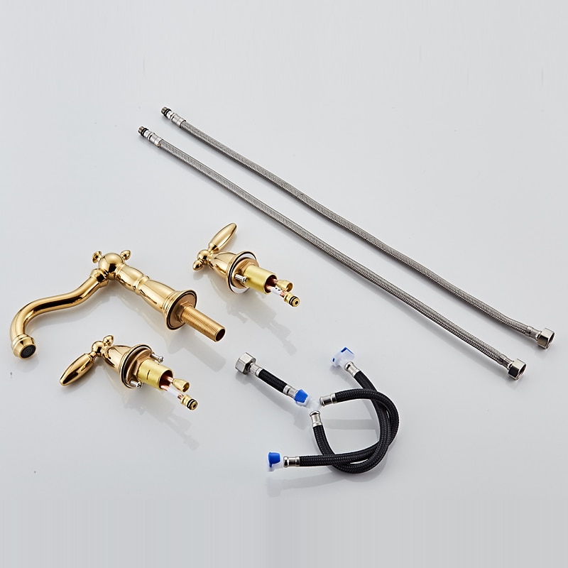 Widespread Bathroom Sink Mixer Faucet, 3 Hole 2 Handle Brass Basin Taps Vessel Water Tap Washroom with Hot and Cold Hose Deck Mounted, Wash Basin Faucet 8