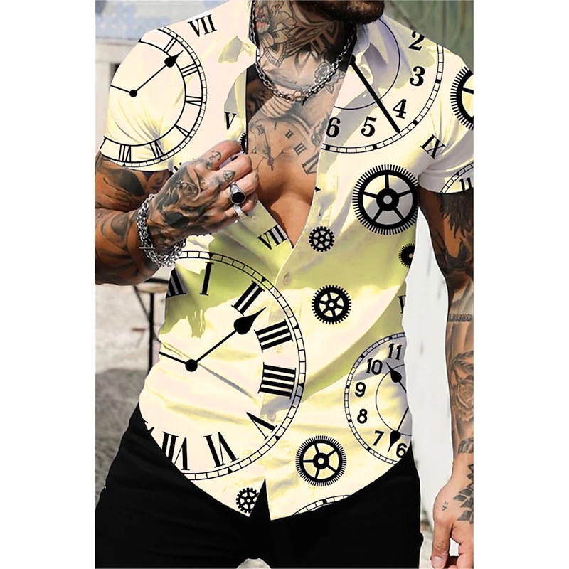 Men's Clock Shirt Button Up Shirt Short Sleeve Vintage Sports Fashion Casual Daily Holiday Summer Spring Turndown Print Button-Down Light Yellow White Purple Orange Green3