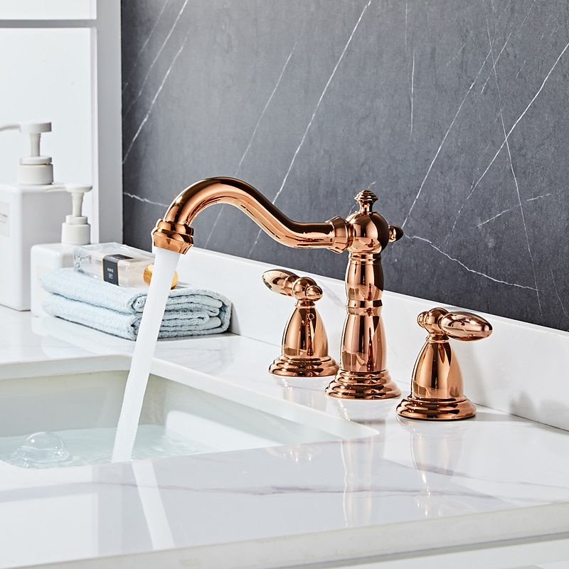 Widespread Bathroom Sink Mixer Faucet, 3 Hole 2 Handle Brass Basin Taps Vessel Water Tap Washroom with Hot and Cold Hose Deck Mounted, Wash Basin Faucet4