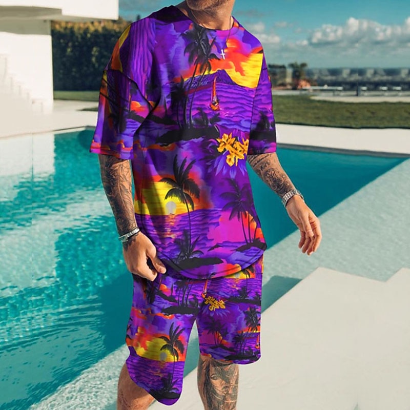 Men's Graphic Coconut Tree Beach 2pcs Tees sets Matching Sets Short Sleeve Short Pants Crew Neck Hawaiian Designer Casual Outdoor Vacation Daily 3D Print Spring & Summer White Blue Dark Green2