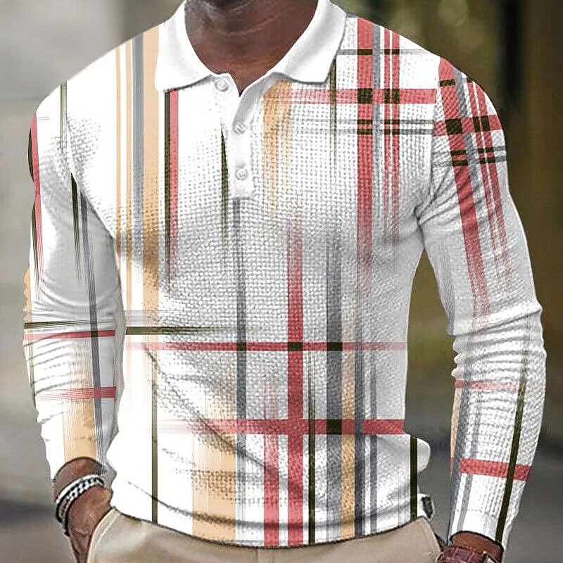 Men's Plaid Waffle Polo Shirts Golf Shirt Long Sleeve Polo Shirts Collared Shirts Vintage Casual Vacation Wear Formal Wear Festival Wear Buttons 3D Print Black White Yellow4