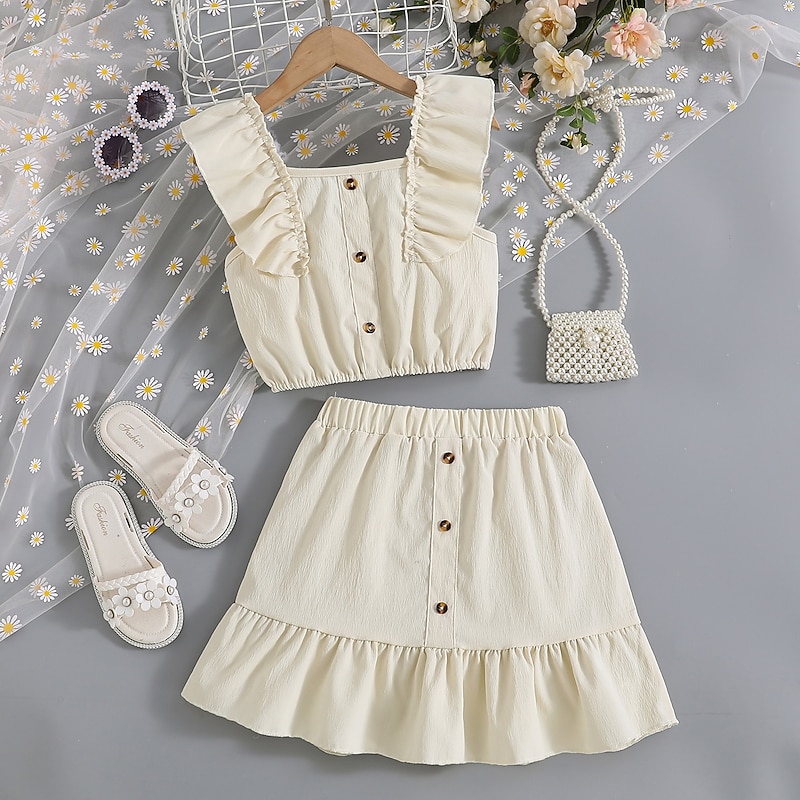 2 Pieces Kids Girls' Solid Color Ruffle Dress Suits Set Sleeveless Fashion School 7-13 Years Summer Ivory3