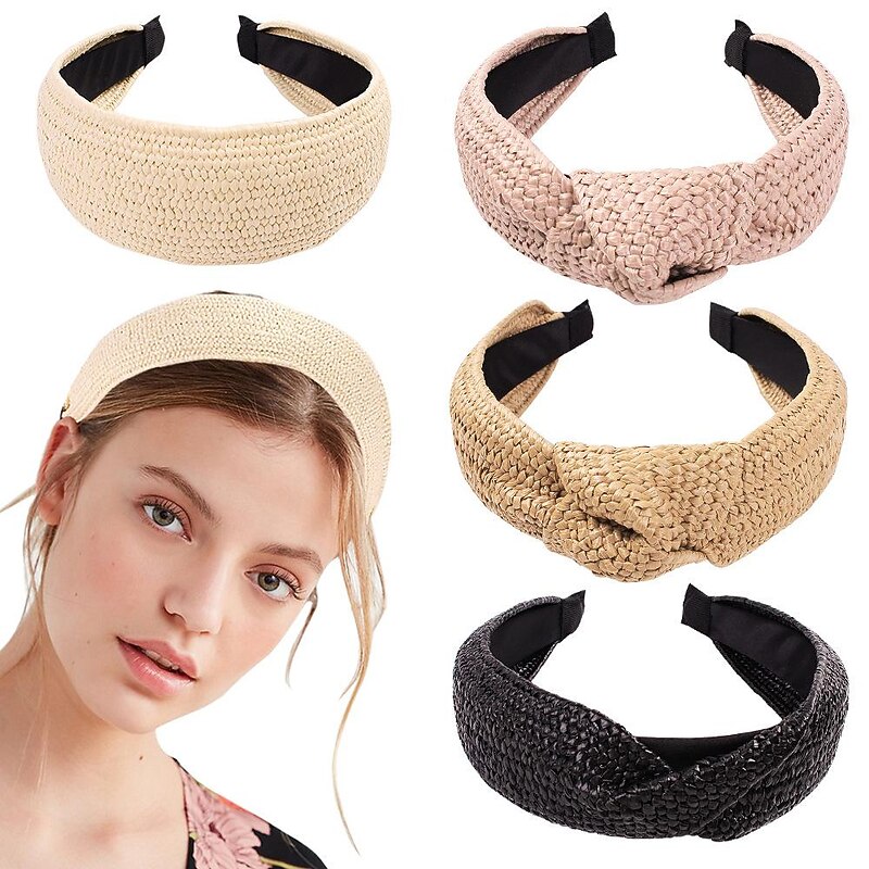 1 PC Straw Knotted Headbands for Women Summer Beach Rattan Top Knot Headband Bohemian Wide Headbands Twist Knot Wide Hairbands Woven Headwear for Girls Women Raffia Headwear Holiday Hair Styling
