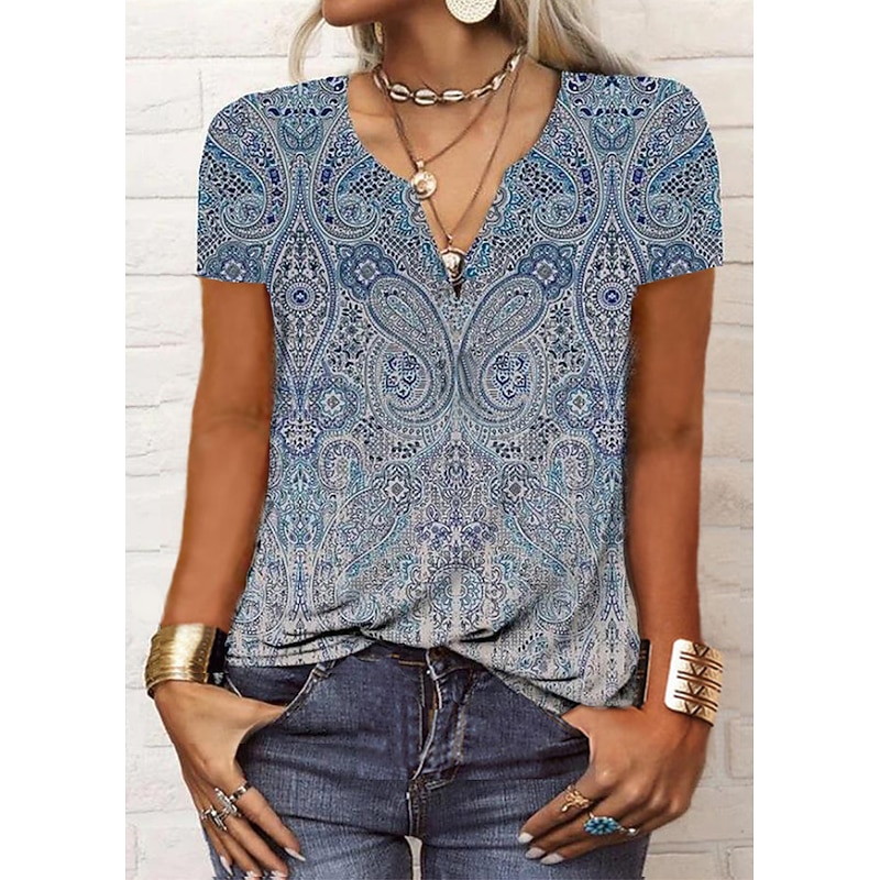 Women's T Shirt Henley Shirt Graphic Paisley Vintage Basic Short Sleeve V Neck Regular Tops Daily Weekend Print Black Red Blue3