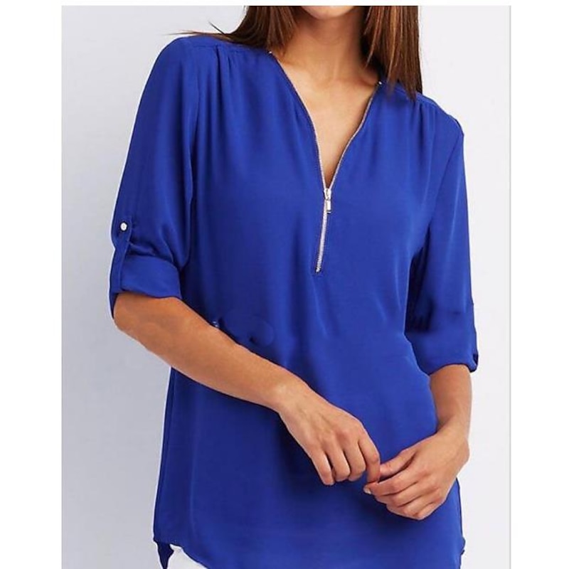 Women's Blouse Shirt Zipper Basic Plain Daily V Neck T-shirt Sleeve Regular Summer White Black Pink Grey Dark Blue2