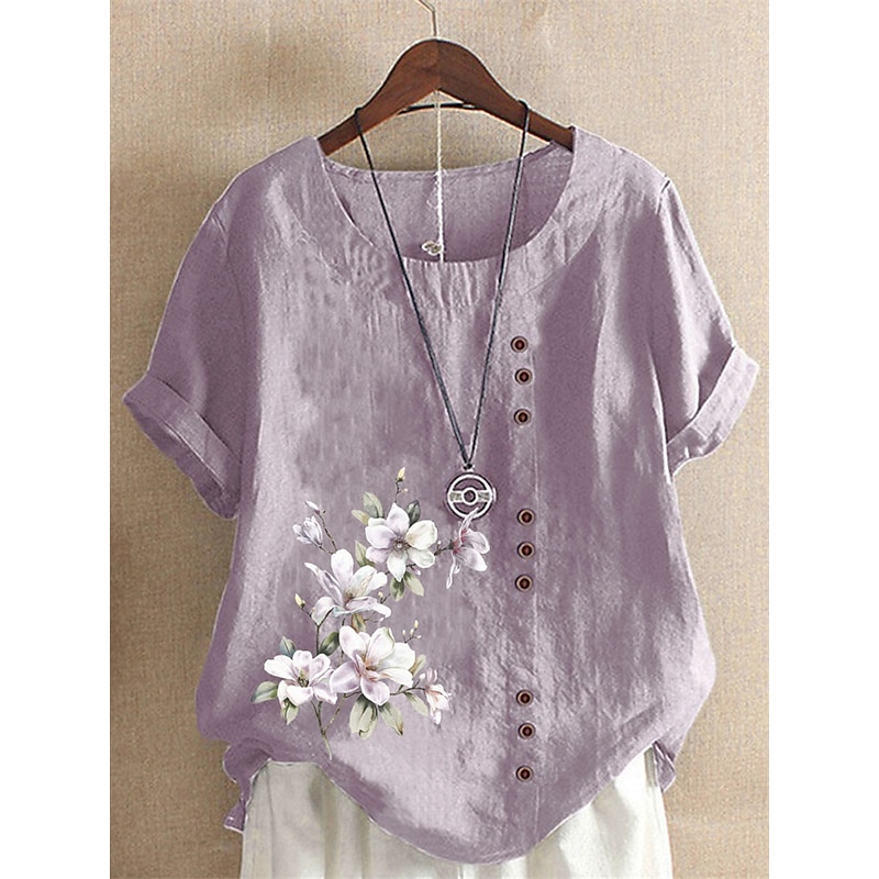 Women's 100% Shirt Blouse Floral Linen Vintage Basic Holiday Short Sleeve Crew Neck Regular Tops Daily Buttons Print White Yellow Pink Lavender Green Summer Spring3