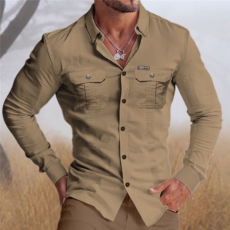 Men's Shirt Workwear Shirts Casual Shirt Work Shirt Button Up Shirt Cargo Shirt White Navy Blue Green khaki Long Sleeve Graphic Prints Turndown Vacation Street Print Clothing Apparel Cotton Cotton