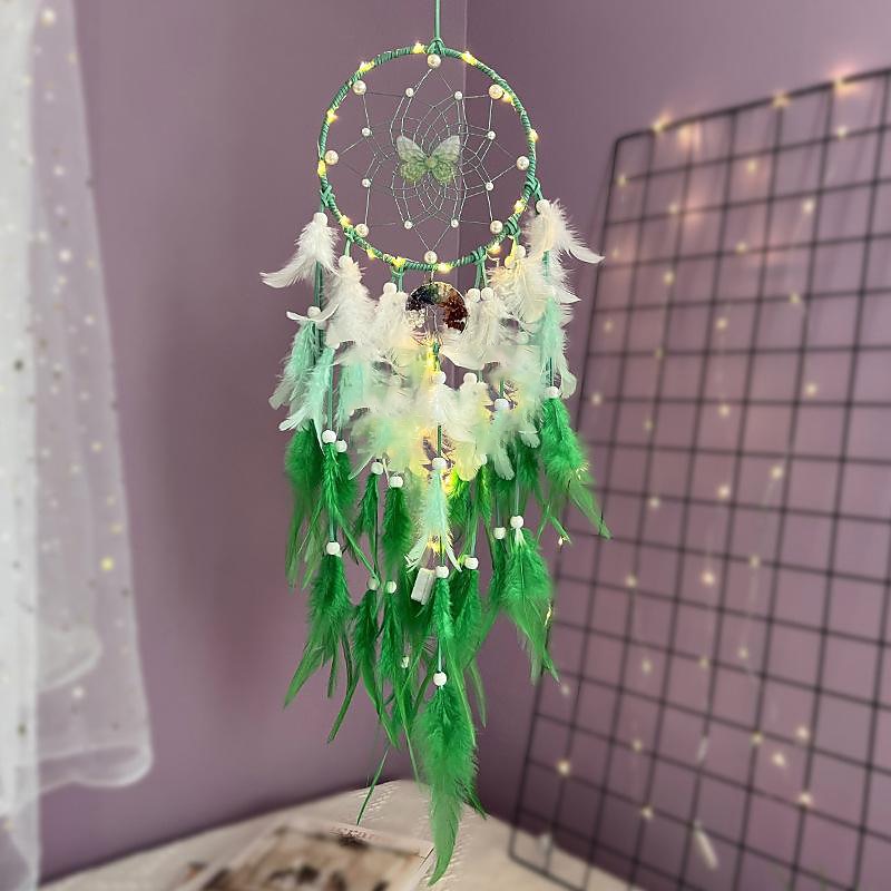 Green Dream Catcher Butterfly Ring Handmade Gift with Green Feather Wall Hanging Decor Art Wind Chimes Boho Style Car Hanging Home Pendant