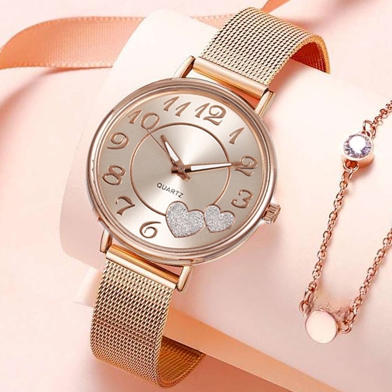Women Quartz Wristwatch Luxury Minimalist Bling Diamond Analog Wristwatch Love Heart Dial Elegant Mesh Belt Female Watch