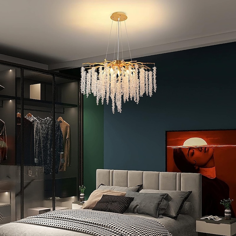 Long Hanging Rattan Crystal Chandelier 6 lamps 23.5 in/ 8 lamps 31.2 in G9 Modern Gold Chandelier Lighting Branches Restaurant Chandelier Hanging Lamps AC85-265V4