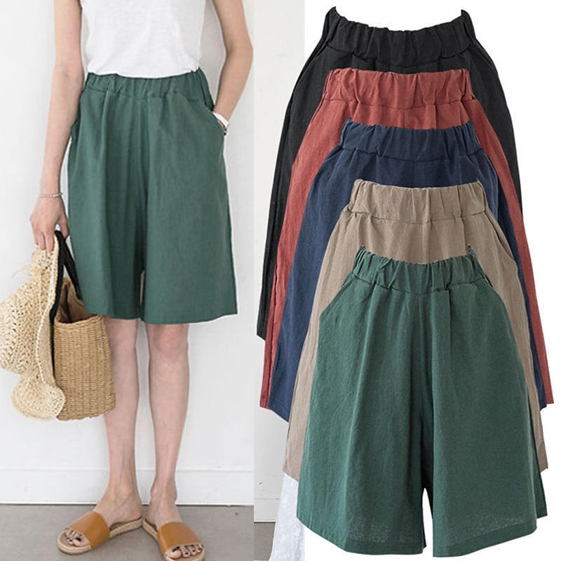 Women's Cotton Linen Shorts Wide Leg Shorts Fashion Knee Length Solid Color Side Pockets Wide Leg Comfort Inelastic Casual Daily Black Red Navy Blue Green Loose Fit