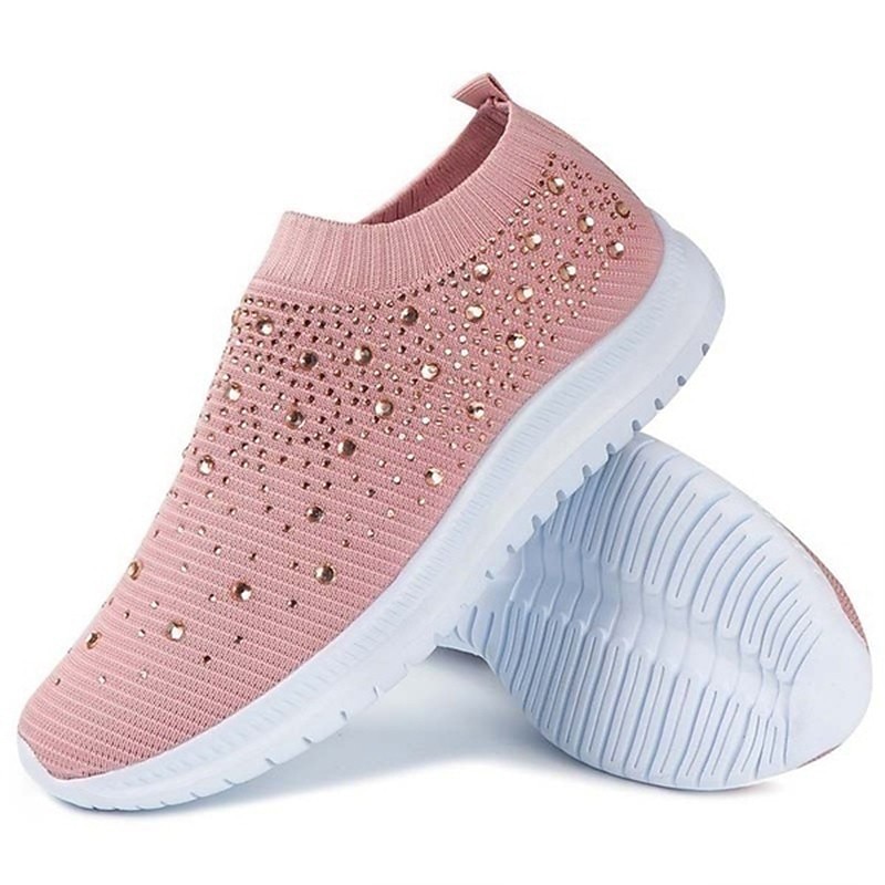 Women's Rainbow Slip-On Sneakers – Colorful Knit Athletic Shoes with Rhinestone Embellishments for Casual Wear and Walking3