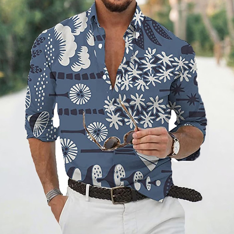 Men's Leaves Shirt Long Sleeve Sports Fashion Designer Daily Holiday Summer Spring Turndown Print White Yellow Pink Blue Sky Blue2