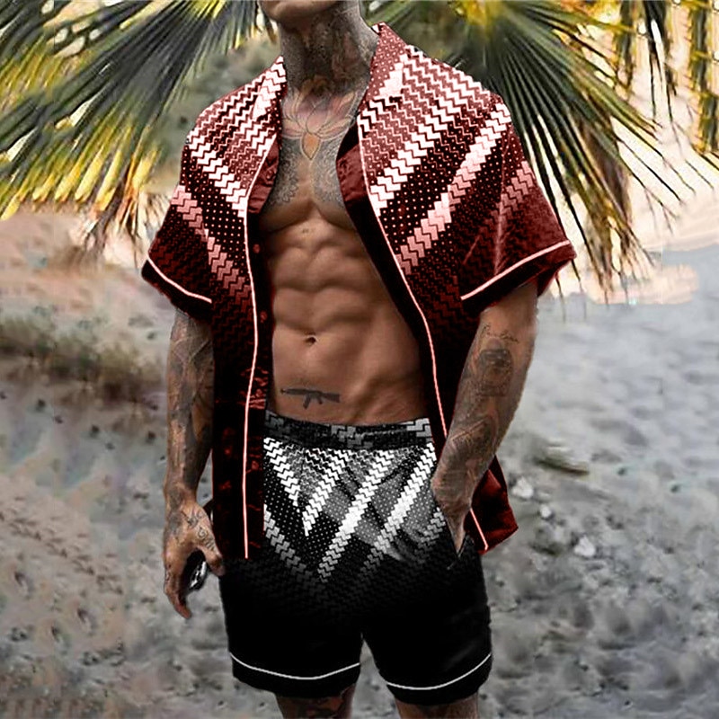 Men's Geometric Pattern Geometry 2pcs Shirts Sets Summer Hawaiian Shirt Short Sleeve Short Pants Turndown Tropical Fashion Hawaiian Casual Holiday Beach Print Summer Spring Black Yellow Red3