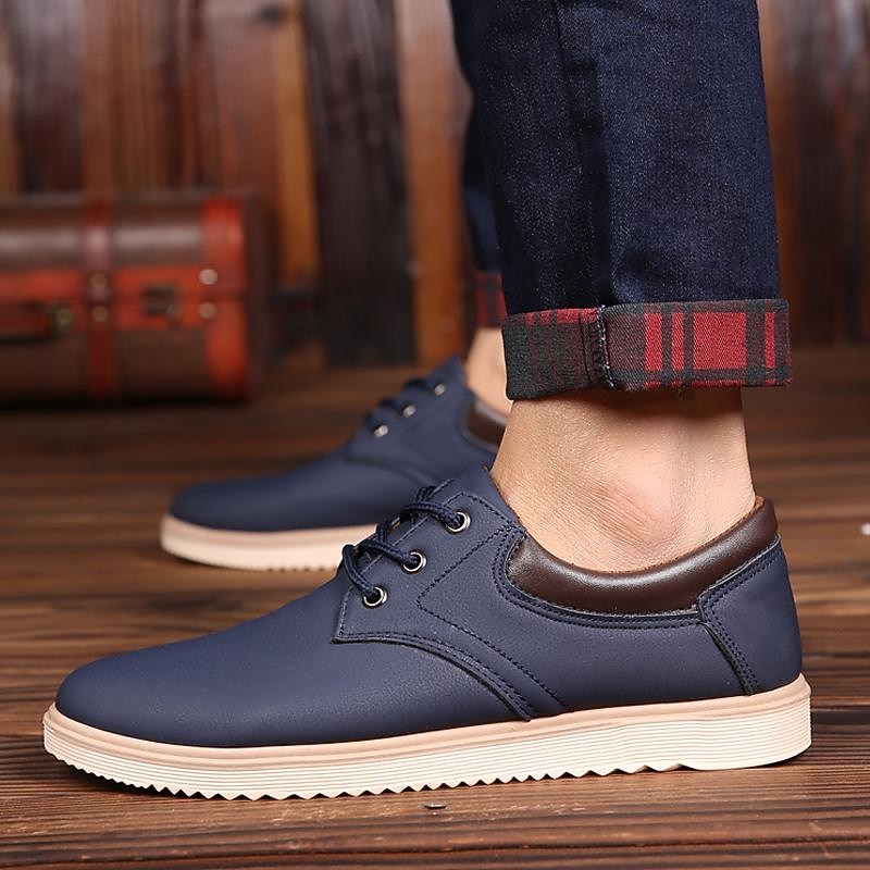 Men's Navy Blue Faux Leather Casual Lace-Up Shoes – Stylish Sneakers with Brown Accents for Work, Daily Wear & Casual Outings3