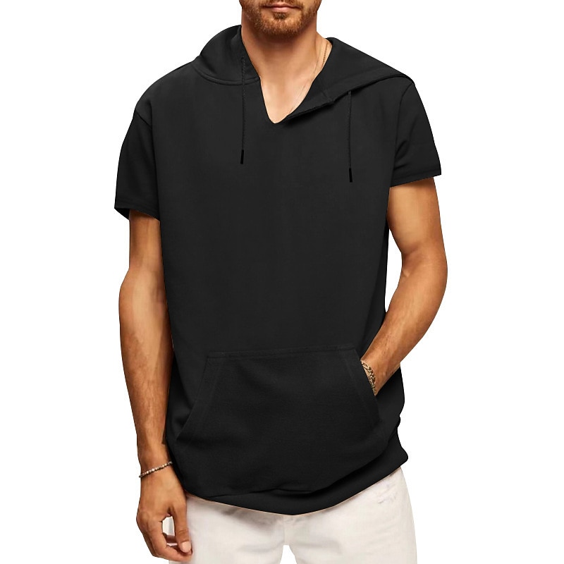 Men's T Shirt Short Sleeves Hooded Summer Plain Fashion Casual Daily Front Pocket Outdoor Going out Black White Blue Top Tee for Men3