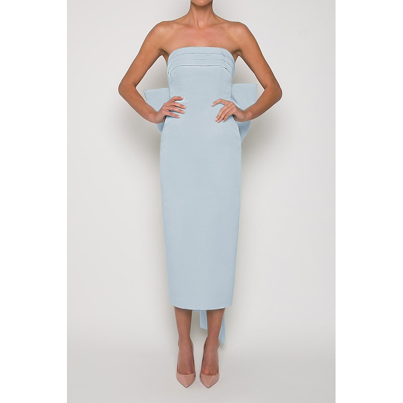Sheath Cocktail Dresses Party Dress Wedding Guest Engagement Tea Length Sleeveless Strapless Fall Wedding Reception Satin with Bow(s) Dresses