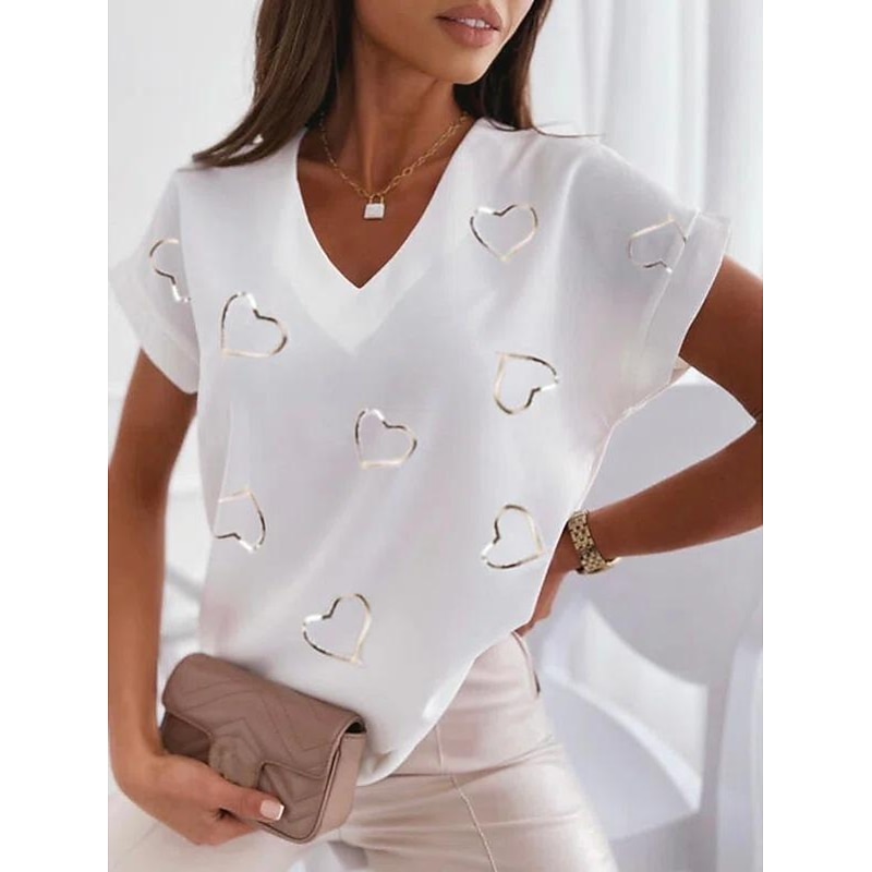 Women's T Shirt Blouse Basic Heart Print Dolman Sleeve Short Sleeve Regular Tops V Neck Casual White Pink Blue3