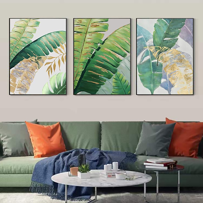 Handmade Oil Painting Canvas Wall Art Decoration Modern Abstract Plant Flower Green and Gold Banana Leaf for Home Decor Rolled Frameless Unstretched Painting